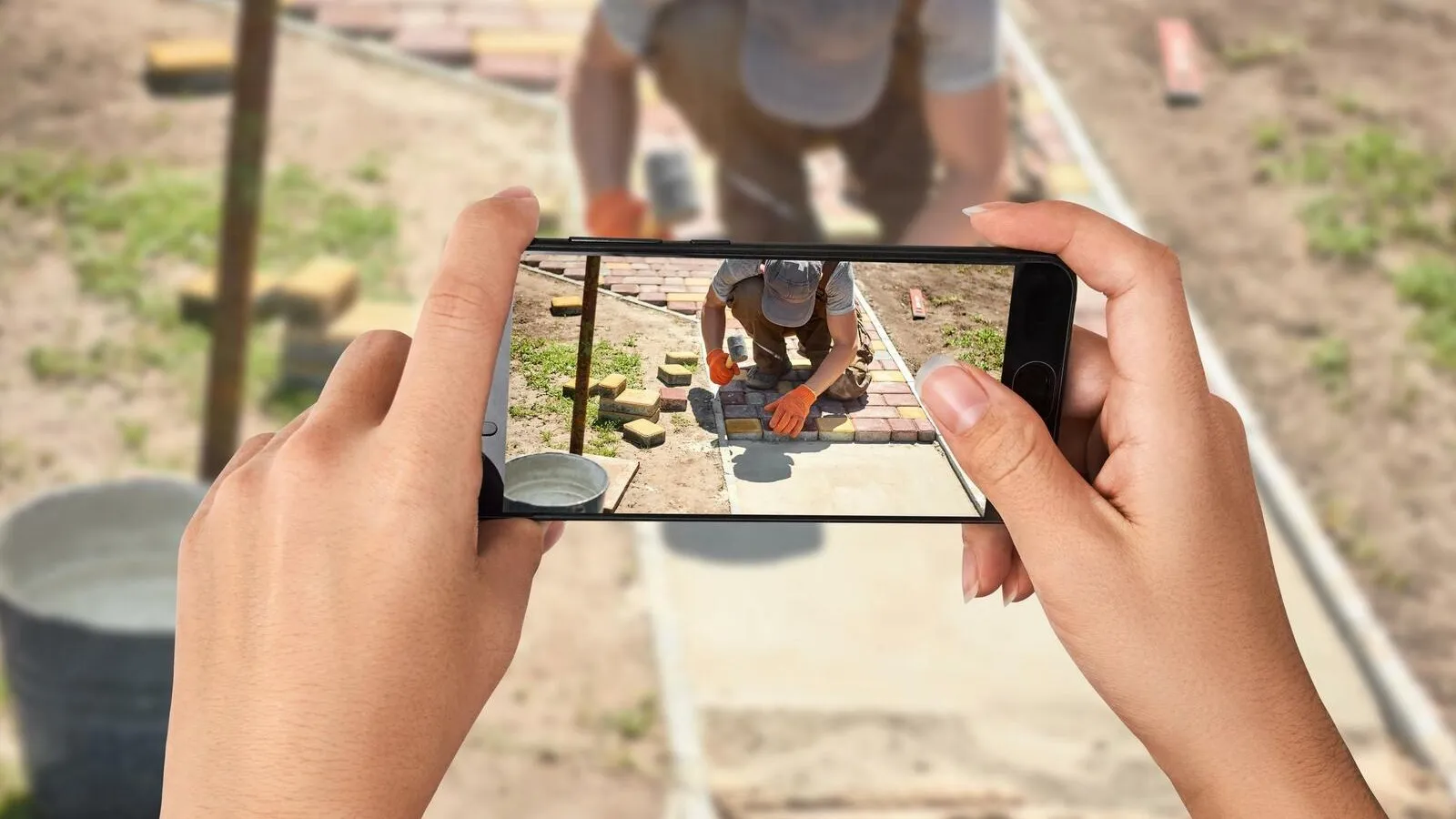 Eine Person macht ein Foto von einem Handwerker auf der Baustelle.
