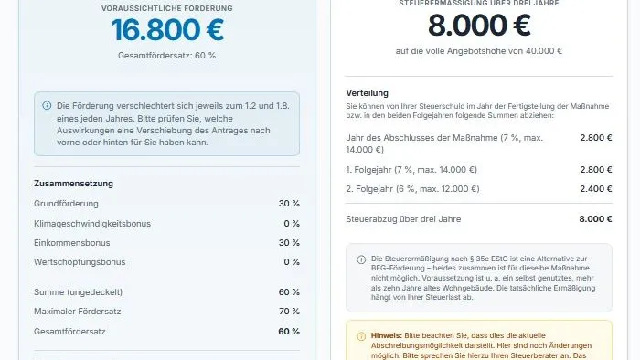 Ergebnis beim Förderrechner des ZVSHK zur neuen BEG-Förderung