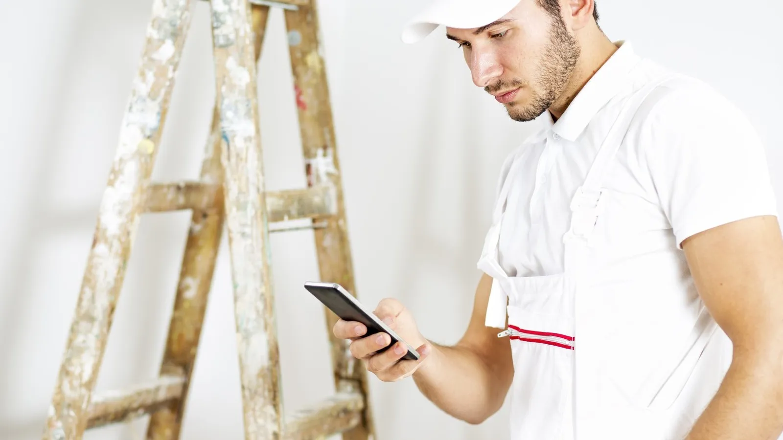 Ein Maler steht vor einer Leiter mit seinem Handy in der Hand.
