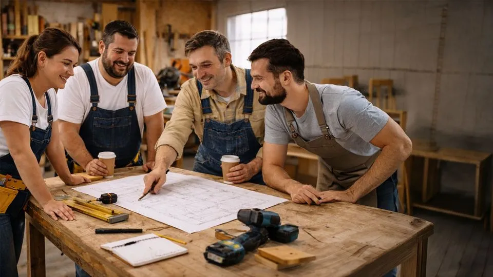 Drei Handwerker stehen in einer Werkstatt und haben eine Besprechnung, dabei gucken sie gemeinsam auf eine Planung.
