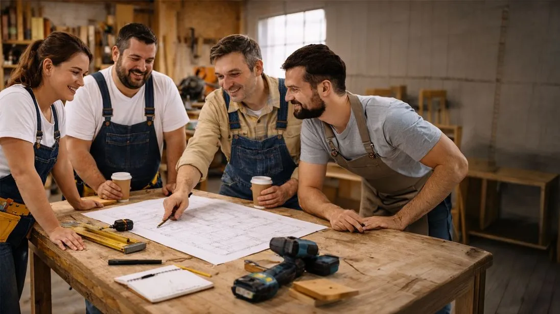 Drei Handwerker stehen in einer Werkstatt und haben eine Besprechnung, dabei gucken sie gemeinsam auf eine Planung.