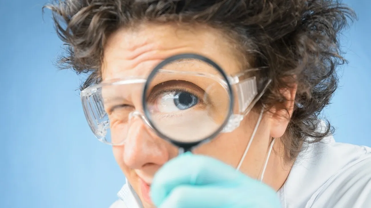 Verrückter Professor hält sich eine Lupe vor das Auge.