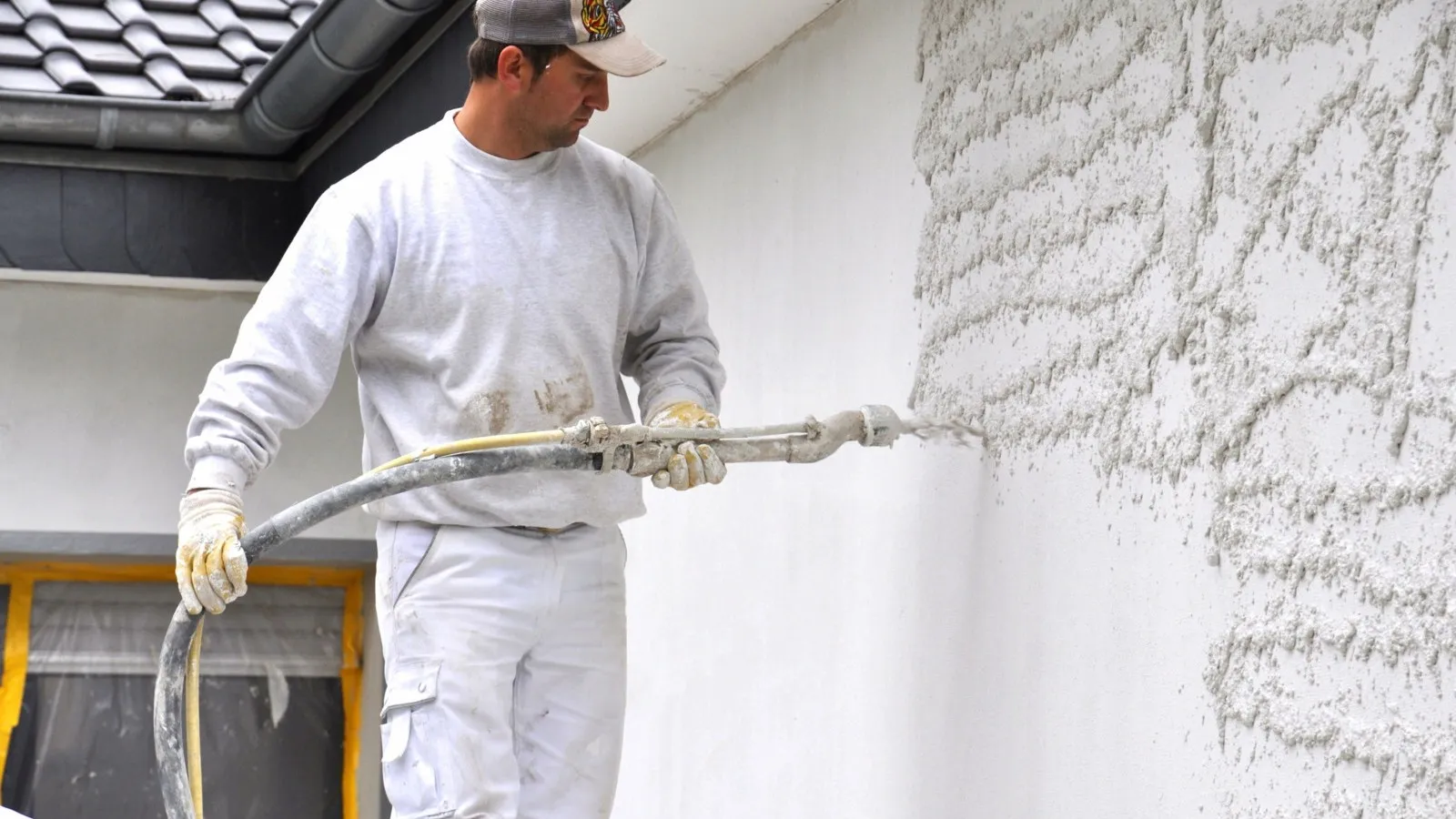 Ein Handwerker in weißer Kleidung bei Außenputzarbeiten an einem Haus.