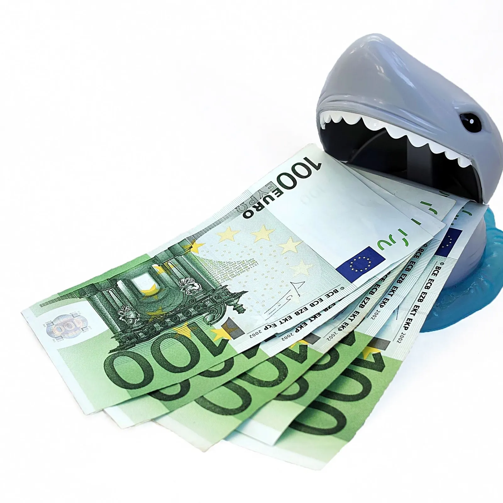 Ein Fisch frisst mehrere 100-Euro-Scheine auf.