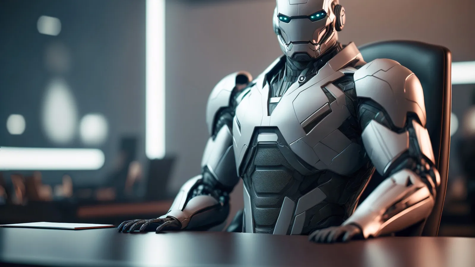 Ein Roboter im finsteren Look sitzt an einem Schreibtisch.