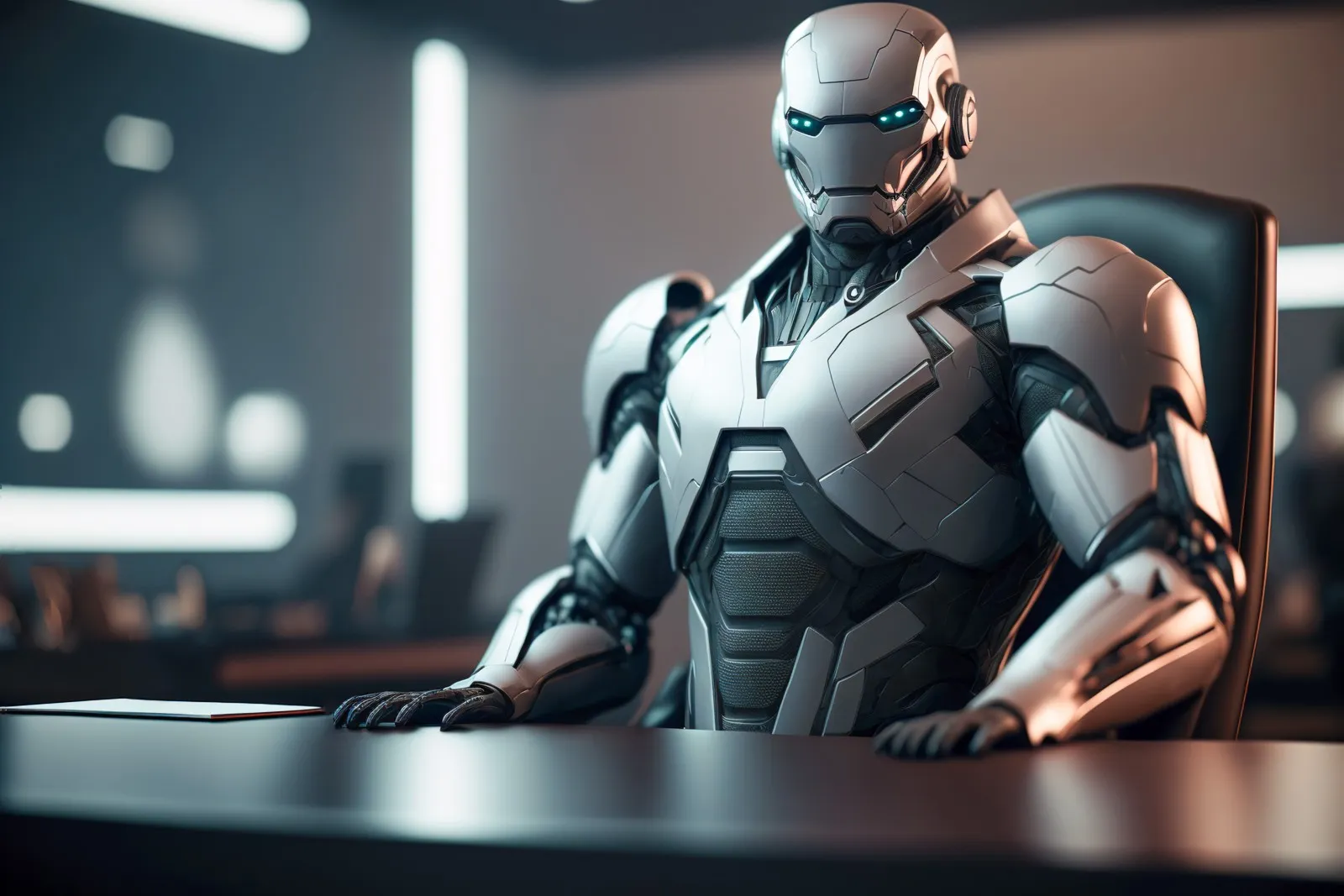 Ein Roboter im finsteren Look sitzt an einem Schreibtisch.