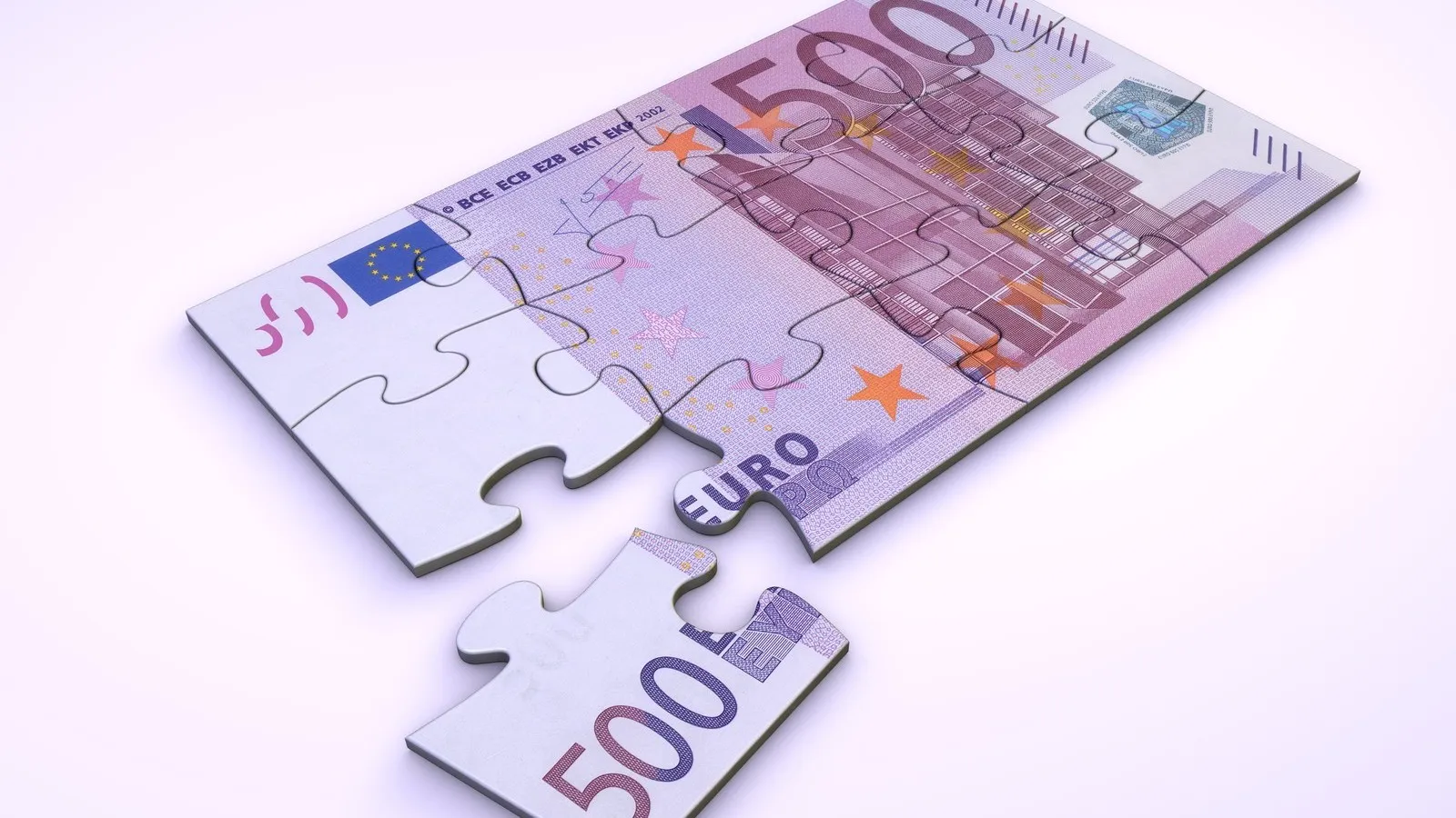 Ein 500 Euro Schein als Puzzle dargestellt, von dem ein Puzzleteil ab ist und daneben liegt.