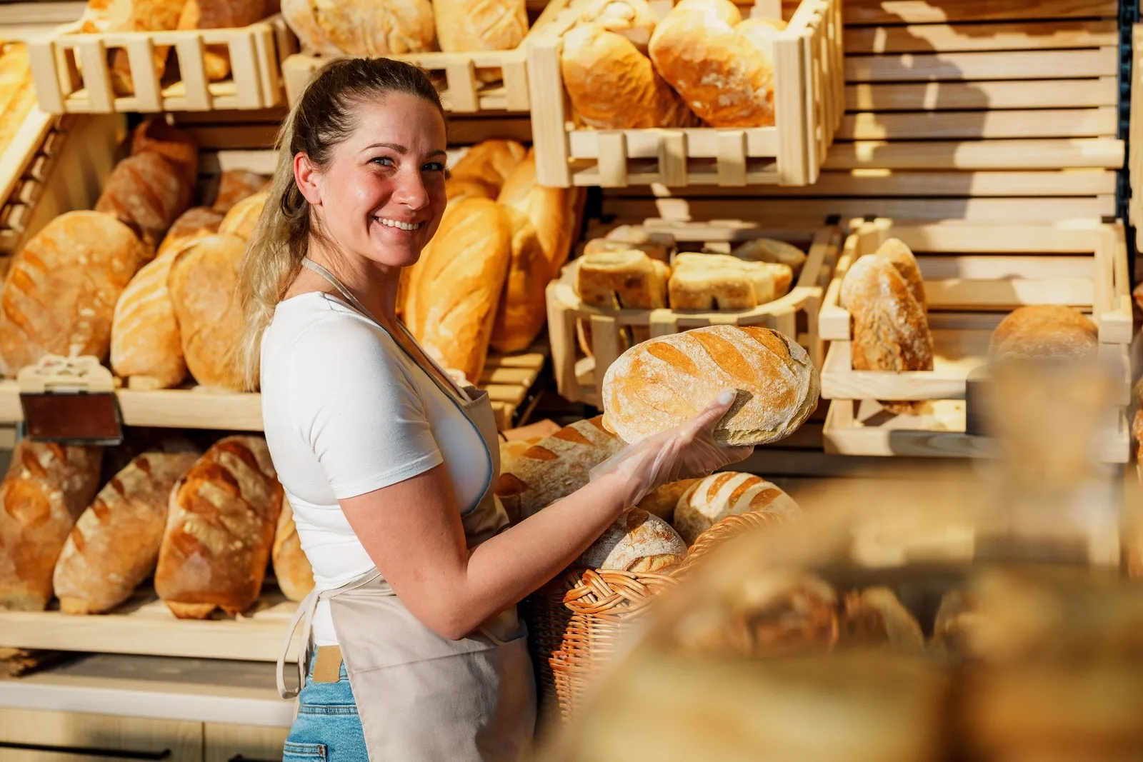 Eine verkäufrein bietet in einer Bäckerei frisches Brot an.