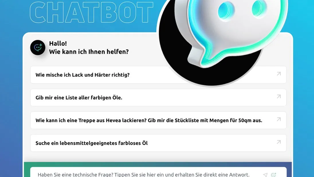 Ein Chatverlauf bei dem Fragen zu Farben, lacken und ölen gestellt werden können. Die erste Frage ist "Wie mische ich Lack und Härter richtig?".