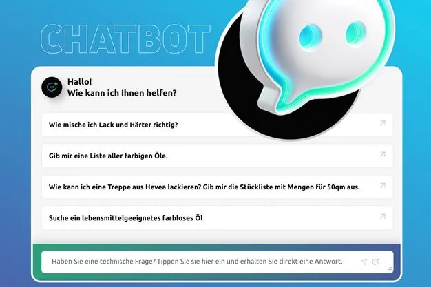 Ein Chatverlauf bei dem Fragen zu Farben, lacken und ölen gestellt werden können. Die erste Frage ist "Wie mische ich Lack und Härter richtig?".