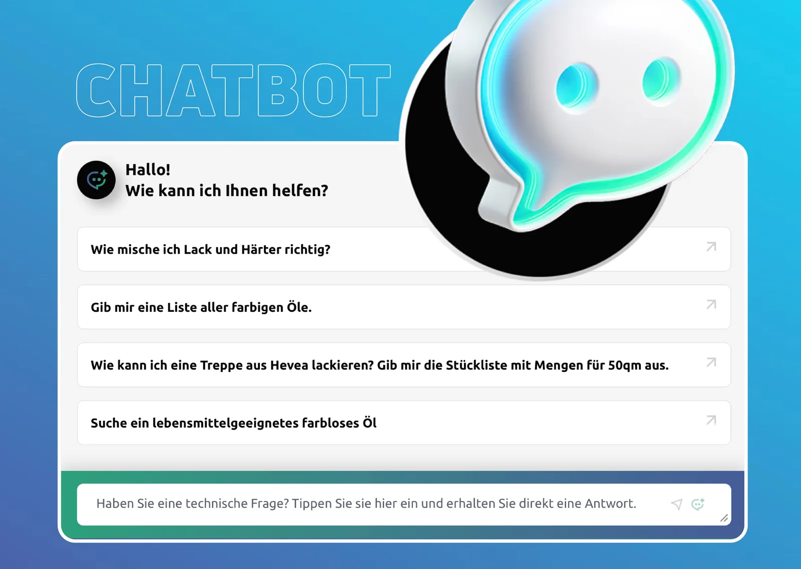 Ein Chatverlauf bei dem Fragen zu Farben, lacken und ölen gestellt werden können. Die erste Frage ist "Wie mische ich Lack und Härter richtig?".