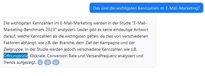 Auf Nachfrage verrät die KI, welches die wichtigsten Kennzahlen im E-Mail-Marketing sind.