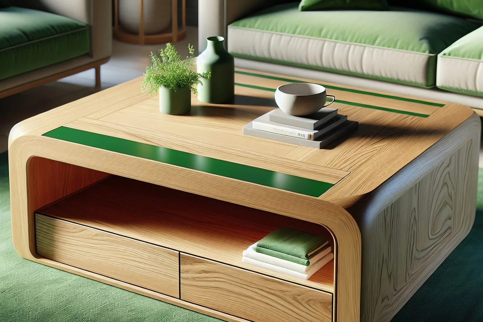 Ein quadratischer Couchtisch aus Eiche, mit abgerundeten Ecken, geschlossenem Stauraum und grünem Streifen.