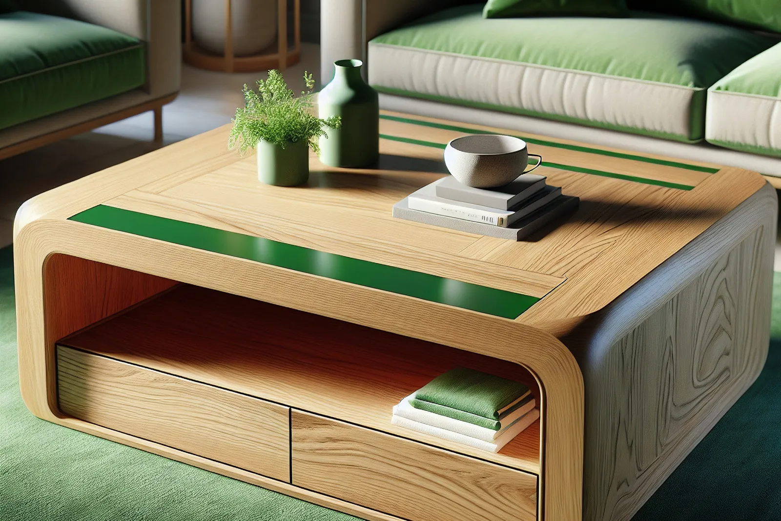 Ein quadratischer Couchtisch aus Eiche, mit abgerundeten Ecken, geschlossenem Stauraum und grünem Streifen.