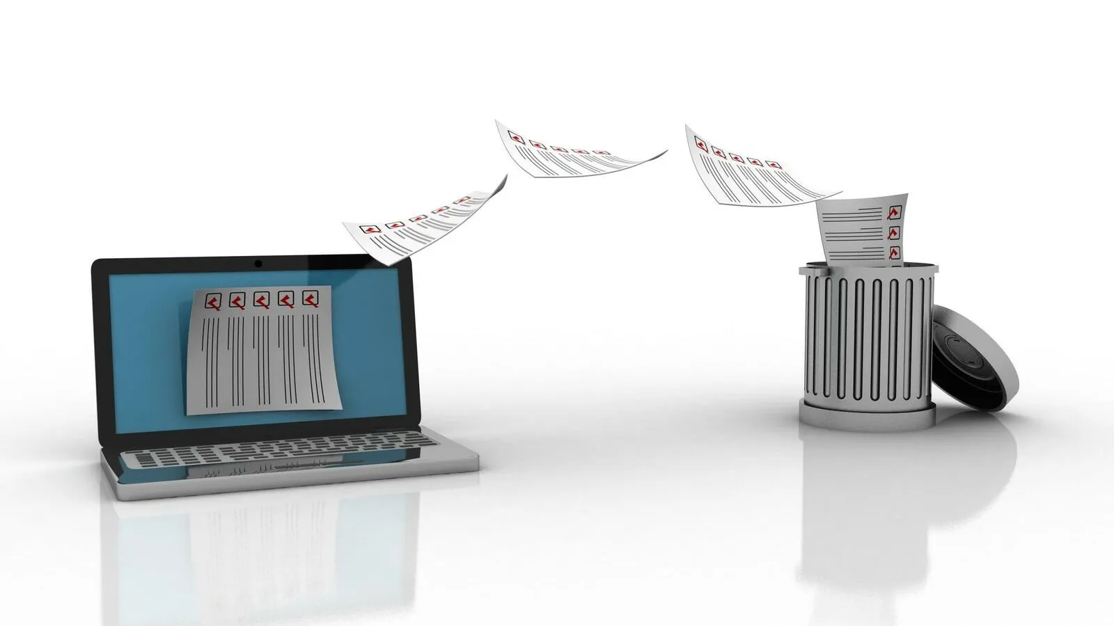 Aus einem aufgeschlagenen Laptop fliegen Blätter in eine daneben stehende Mülltonne.