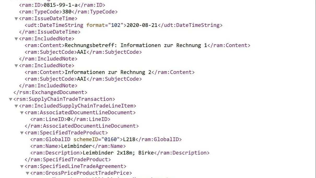 XML-Datei: So sieht der Datensatz einer E-Rechnung aus.