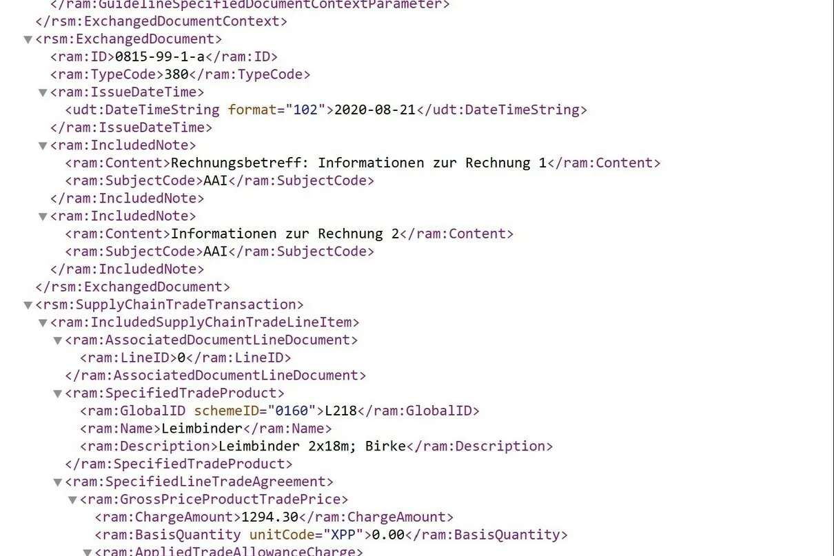 XML-Datei: So sieht der Datensatz einer E-Rechnung aus.