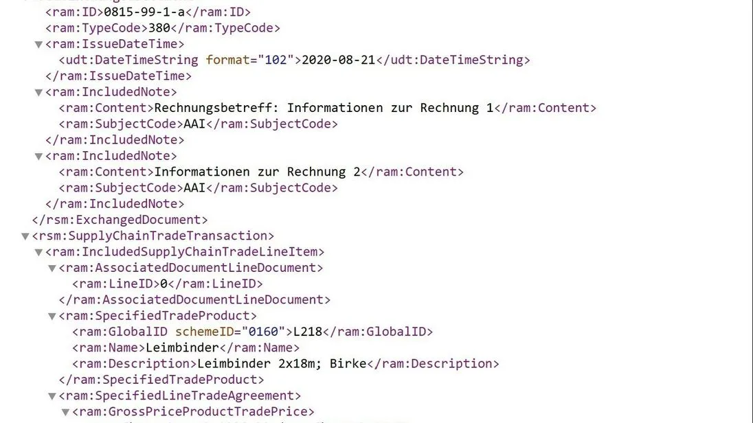 XML-Datei: So sieht der Datensatz einer E-Rechnung aus.