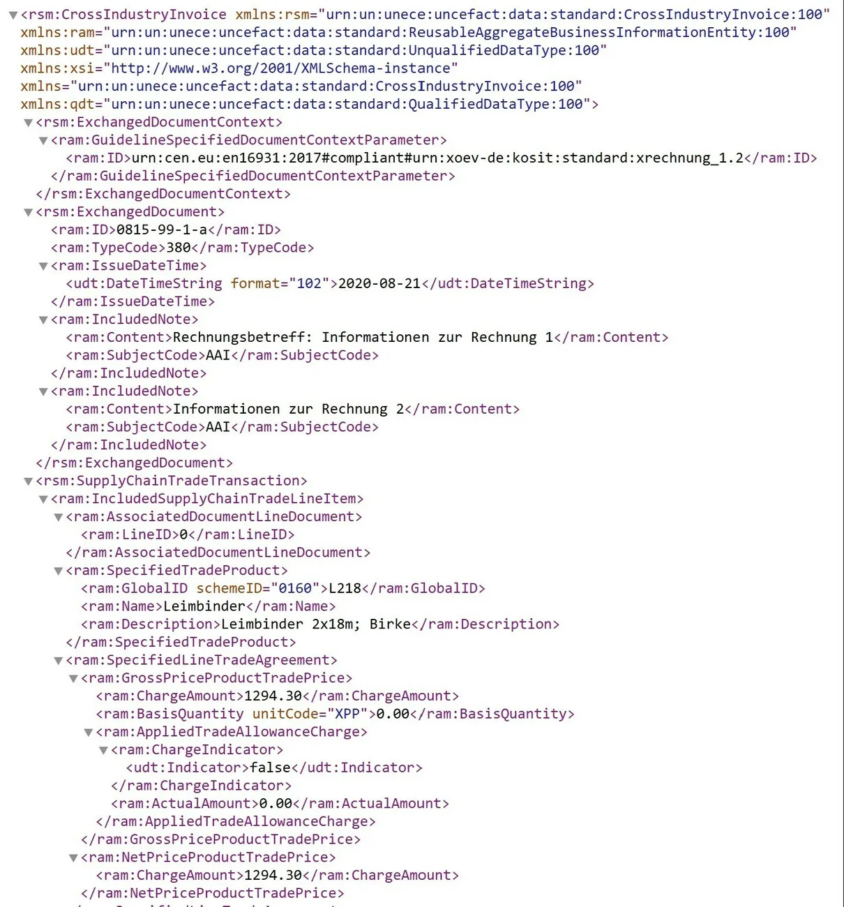 XML-Datei: So sieht der Datensatz einer E-Rechnung aus.