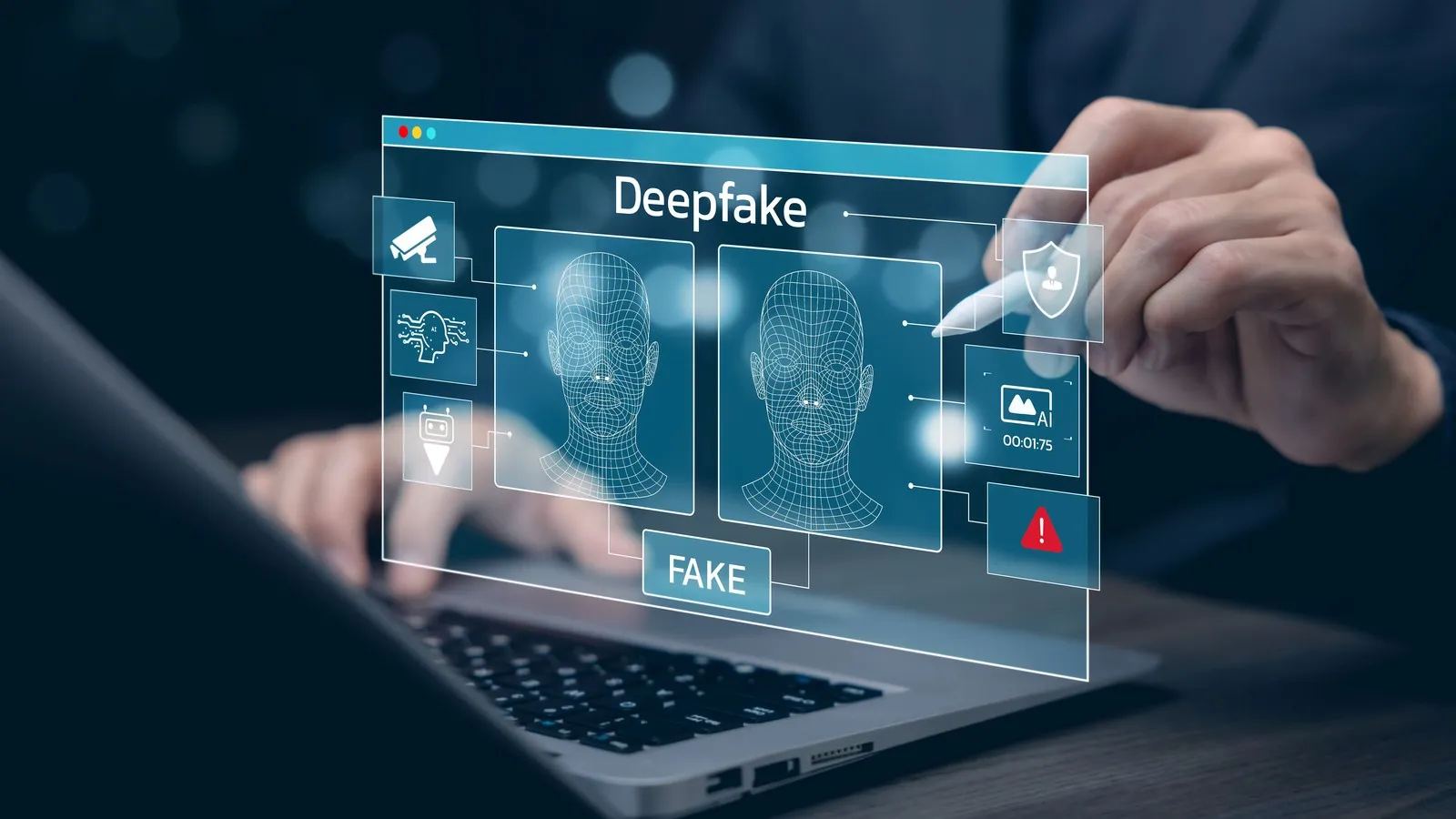 Jemand erstellt an einem Laptop ein Deepfake