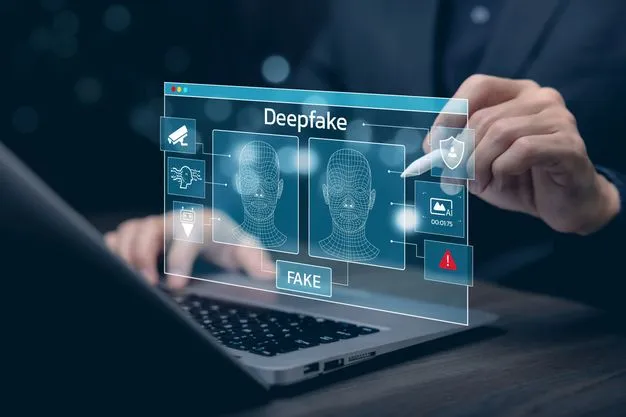 Jemand erstellt an einem Laptop ein Deepfake
