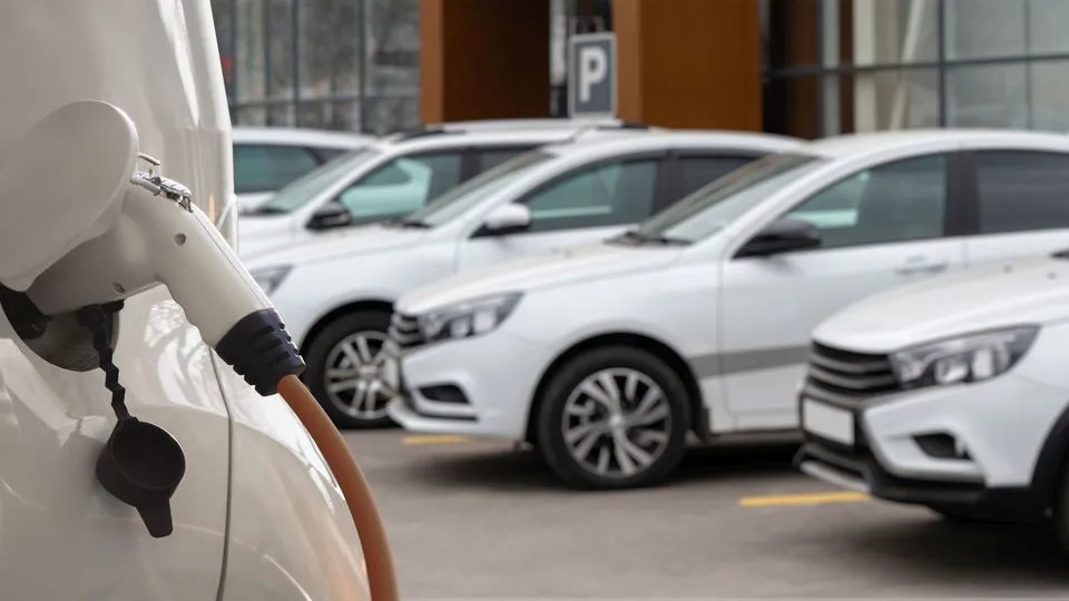 Diverse weiße E-Autos stehen auf einem Parkplatz. Ein Stromer wird gerade geladen.