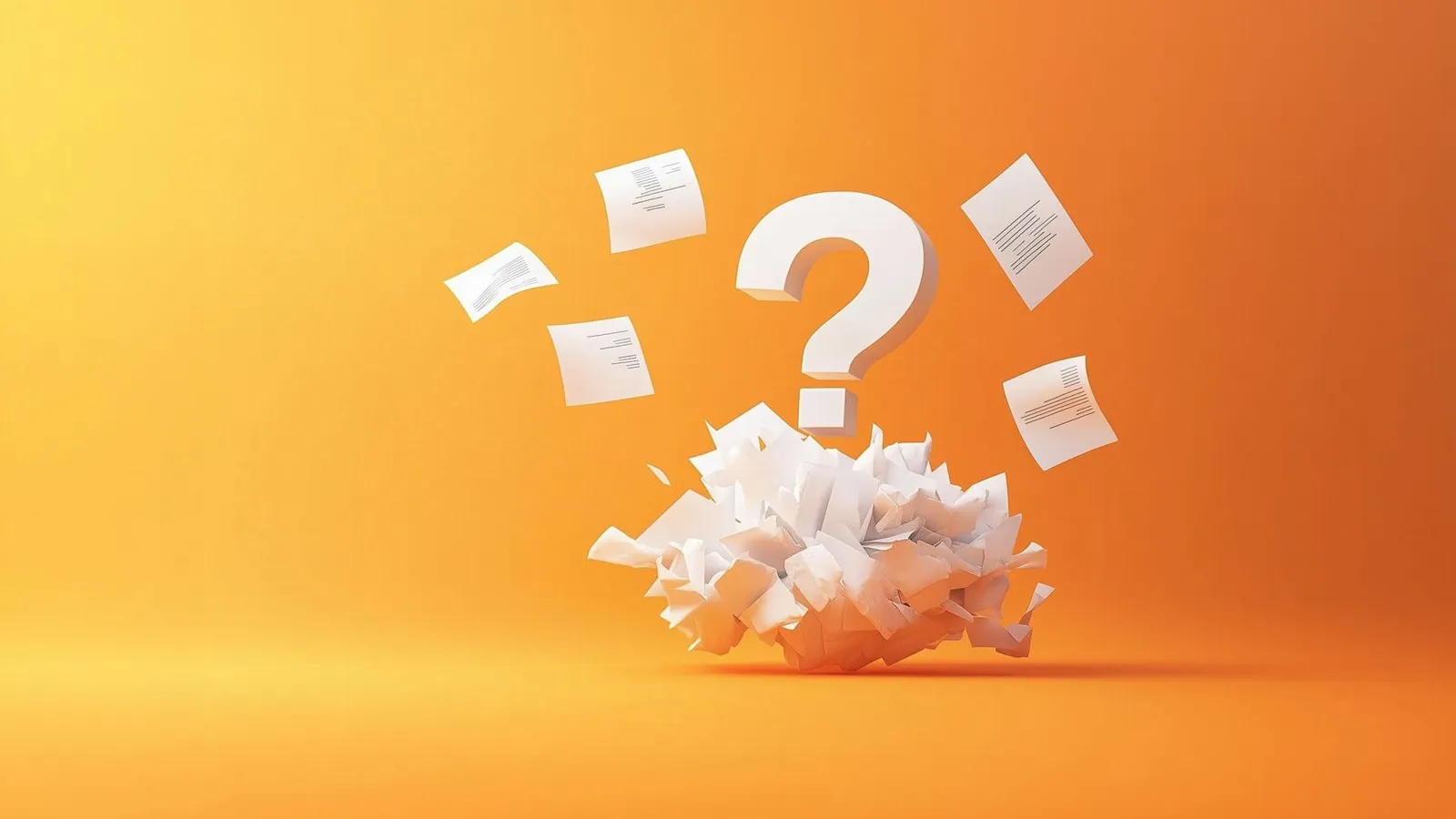 Vor einem orangenen Hintergrund befindet sich ein Bündel an Papier zusammengeknüllt, darüber ist ein großes weißes Fragezeichen zu sehen. Ein paar Papierstücke fliegen drum herum.