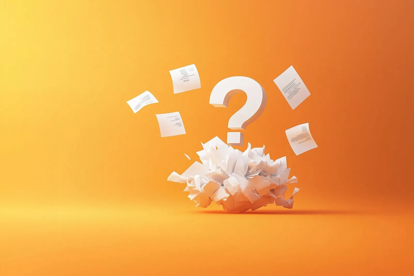 Vor einem orangenen Hintergrund befindet sich ein Bündel an Papier zusammengeknüllt, darüber ist ein großes weißes Fragezeichen zu sehen. Ein paar Papierstücke fliegen drum herum.