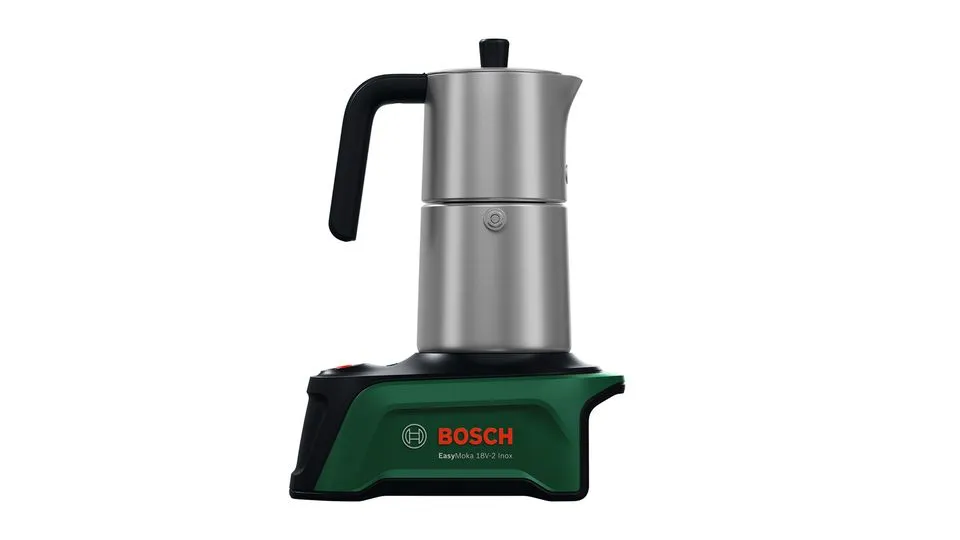 Ein Espressokocher auf einem Bosch-Akku.