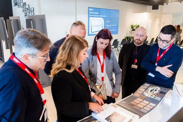 Eine Gruppe von sechs Menschen schaut sich die neue Kollektion Dekorativ 26+ von Egger an.