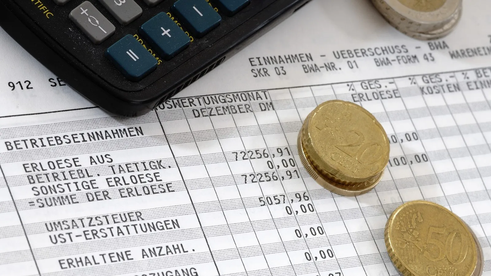 Auf einem Zettel mit einer Tabelle liegen ein Taschenrechner und einzelne Münzen.