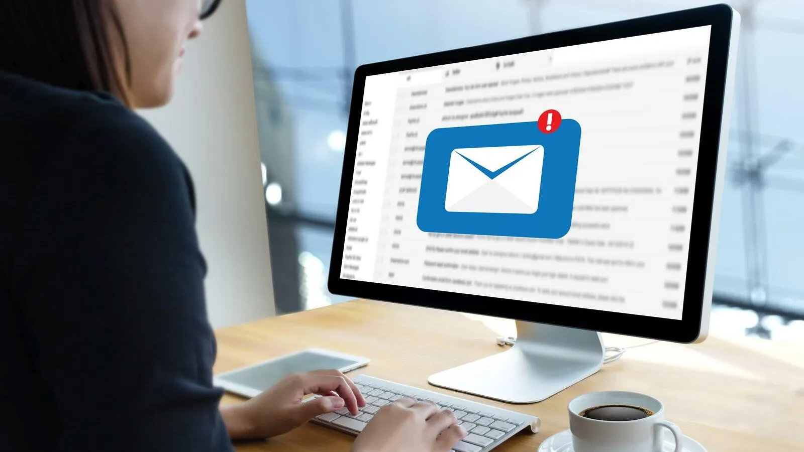 Eine Frau sitzt vor einem PC-Bildschirm, auf dem ein E-Mail Symbol mit einer roten eins oben zu sehen ist, was bedeuten soll, dass sie eine neue Mail erhalten hat.
