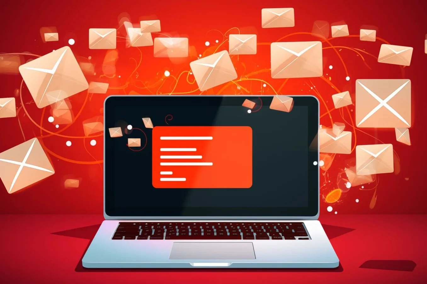 Ein illustriertes Bild mit einem roten Hintergrund auf dem Briefsymbole herumfliegen. In der Mitte ist ein Laptop mit illustrierter geöffneter E-Mail.
