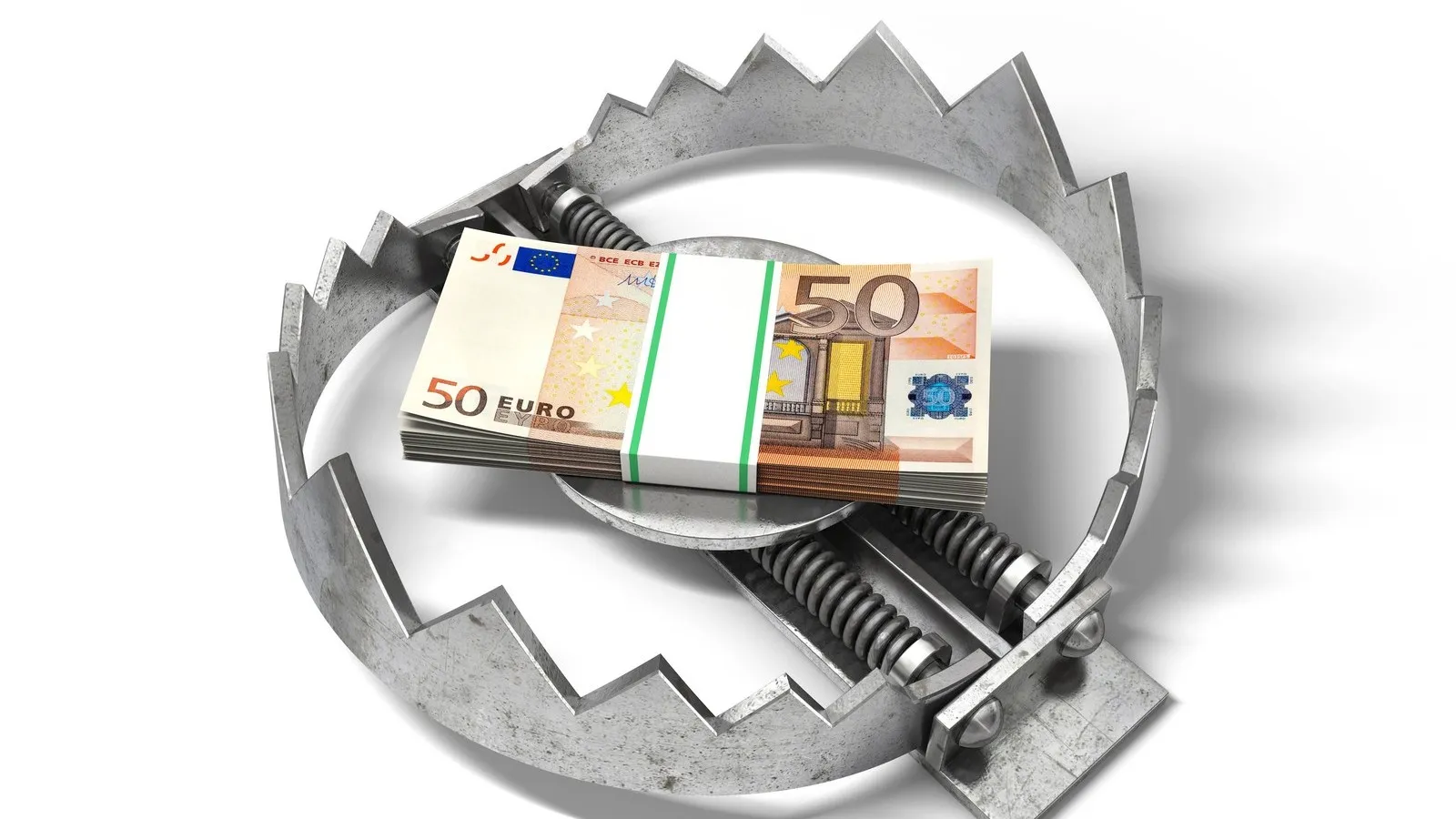Eine geöffnete Fangeisen-Falle mit einem Bündel 50-Euro Scheine in der Mitte.