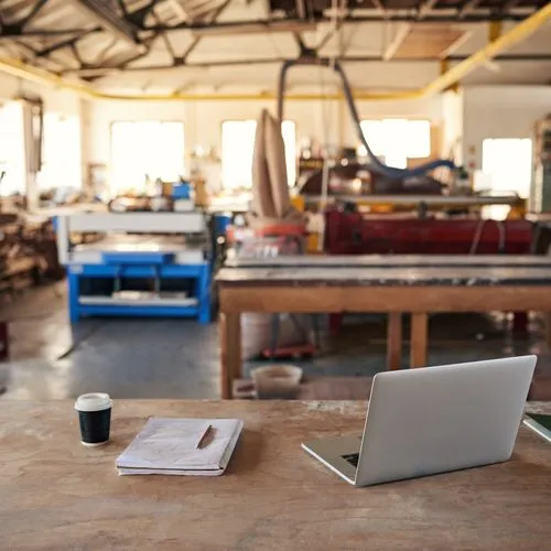Latop und Kaffee auf der Werkbank in der Werkstatt ohne Handwerker