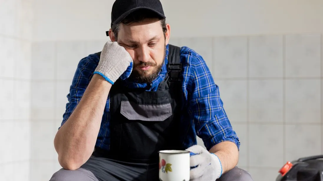 ein frustrierter handwerker macht pause