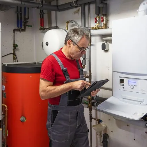 Ein Handwerker prüft die Einstellungen einer Gasheizung.
