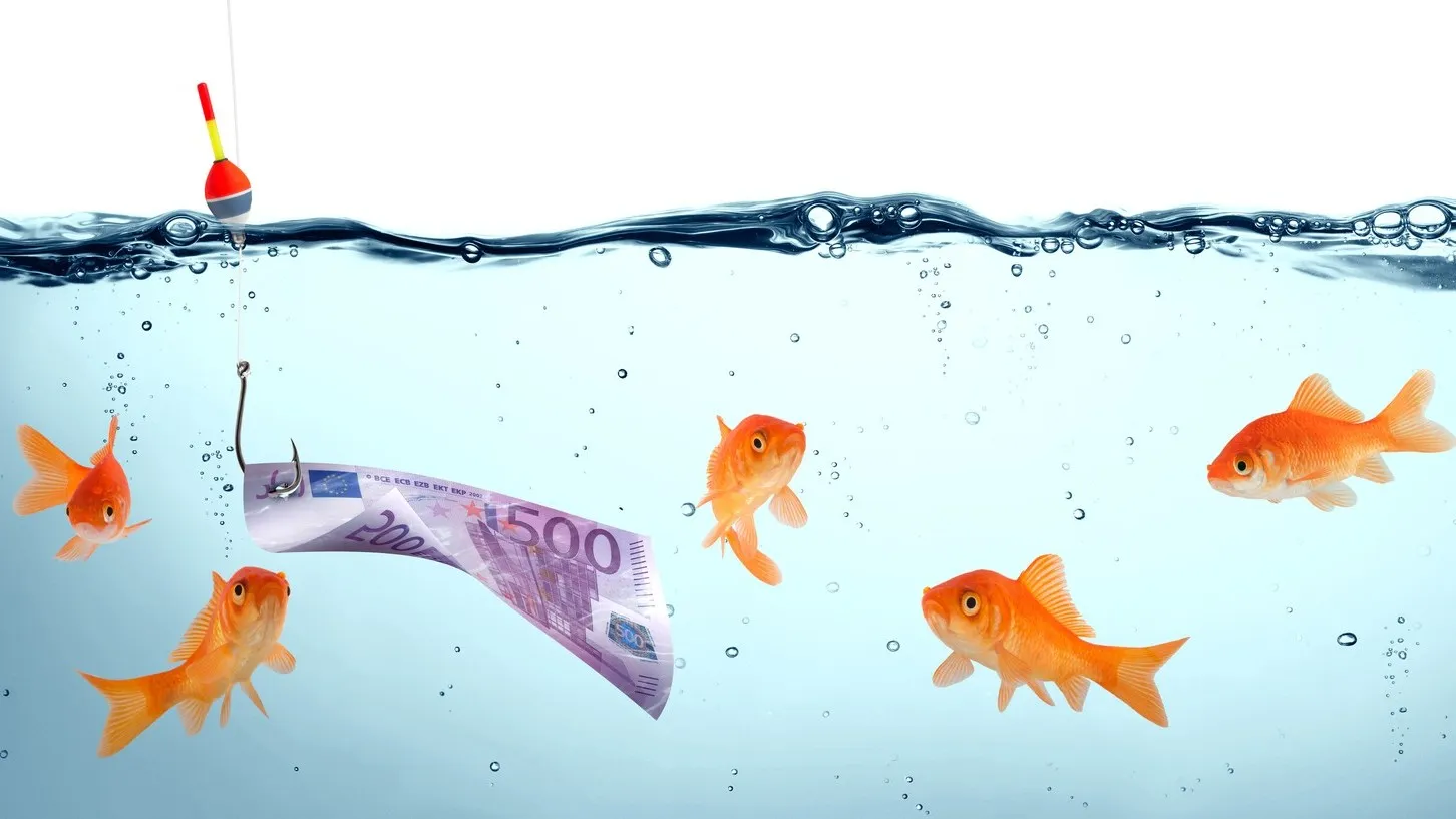 Goldfische schwimmen im Wasser, neben ihnen schwimmt ein 500 Euro Geldschein.