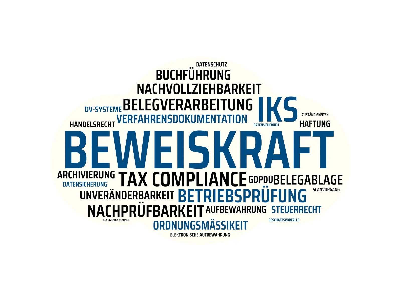 Eine Wortwolke mit vielen Worten. Es stechen mittig das Wort "Beweiskraft" und rechts darüber "IKS" heraus.