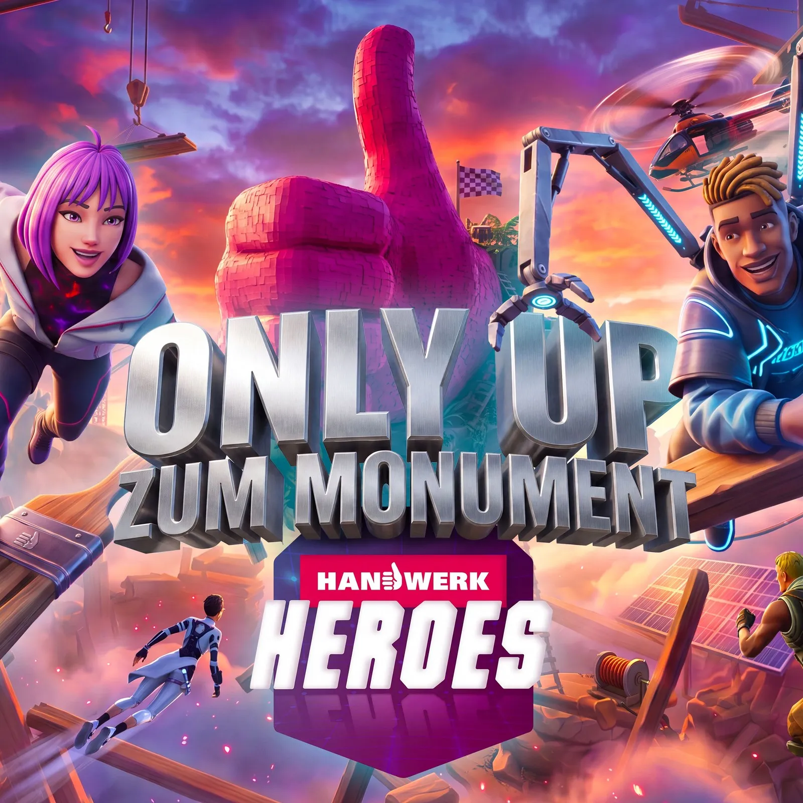 Das Logo von „Handwerk Heroes: ONLY UP" - der Gaming-Welt des Handwerks auf Fortnite