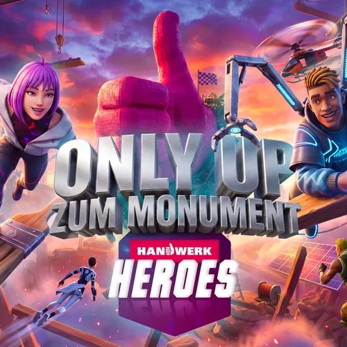 Das Logo von „Handwerk Heroes: ONLY UP" - der Gaming-Welt des Handwerks auf Fortnite