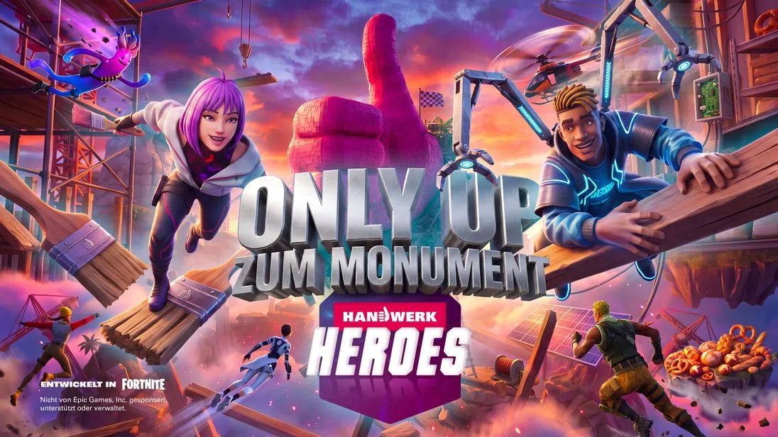 Das Logo von „Handwerk Heroes: ONLY UP" - der Gaming-Welt des Handwerks auf Fortnite