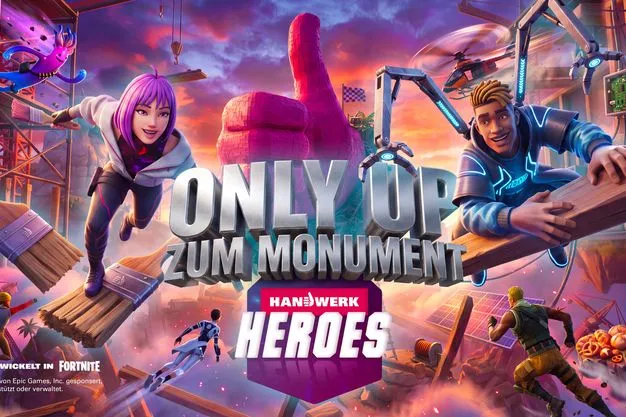 Das Logo von „Handwerk Heroes: ONLY UP" - der Gaming-Welt des Handwerks auf Fortnite