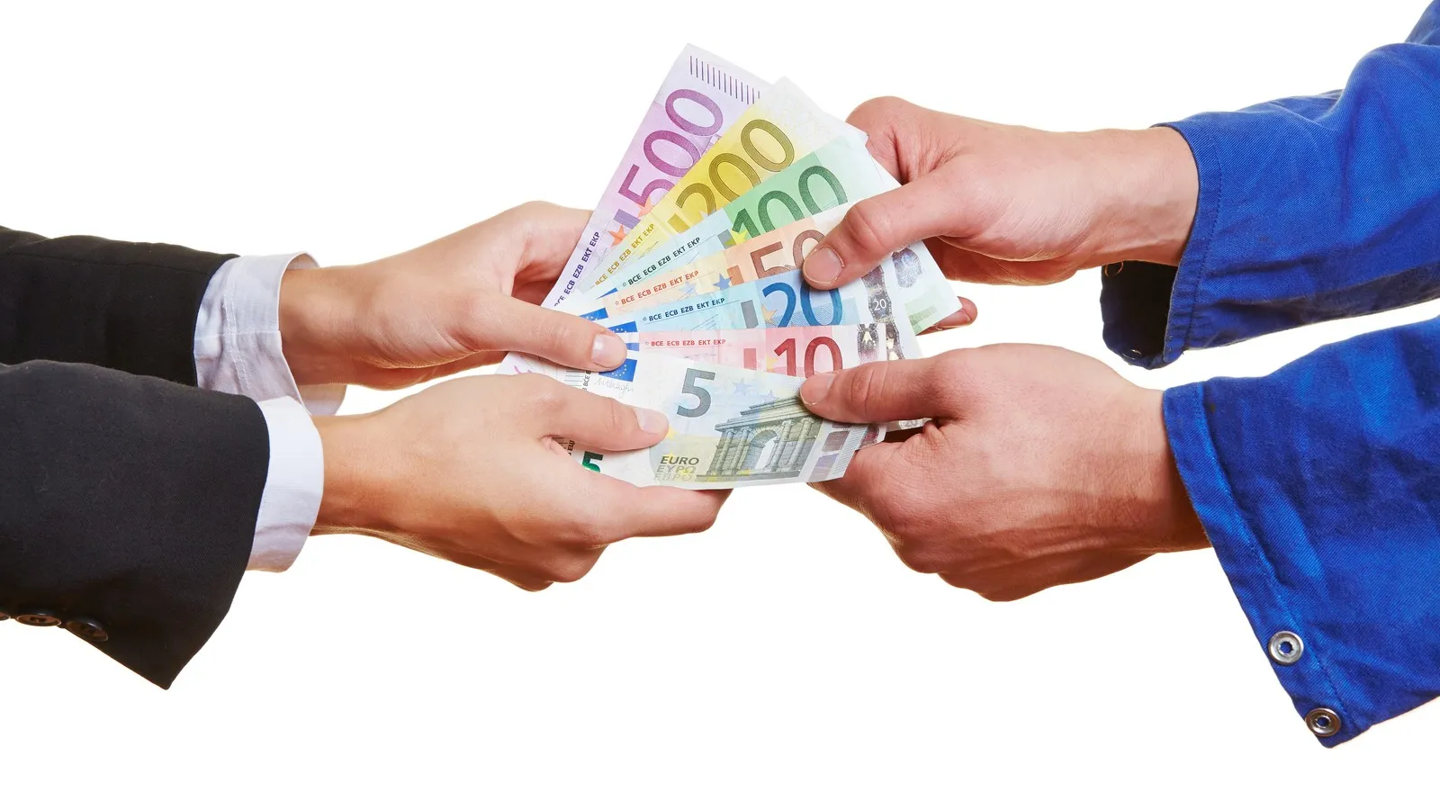 Die Hände von einem Arbeiter und einer Geschäftsfrau halten Euroscheine
