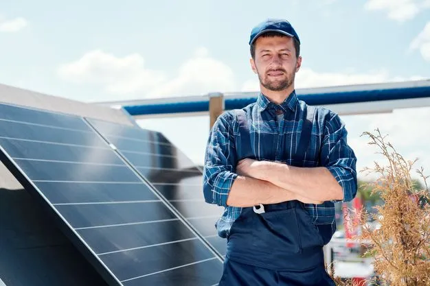 Handwerker posiert vor Photovoltaikanlage