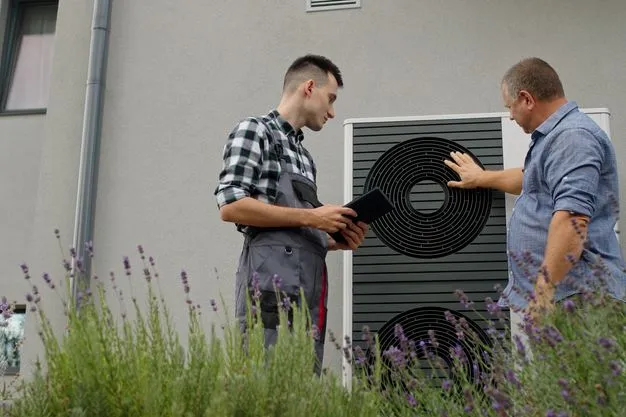 Handwerker und Hausbesitzer im Gespräch an einer Wärmepumpe