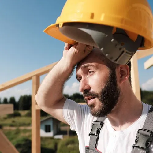 Ein Handwerker wischt sich mit dem Handrücken den Schweiß von der Stirn, er hat einen gelben Bauhelm in der Hand.