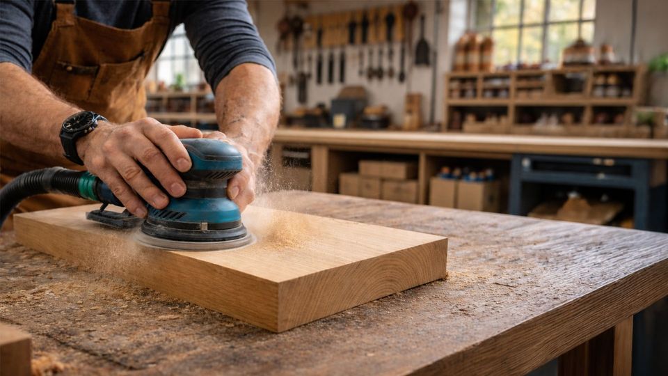 Ein Tischler schleift ein Holzbrett in seiner Werkstatt ab.