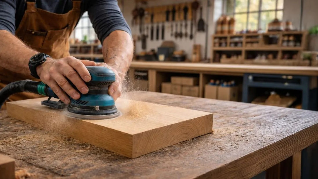 Ein Tischler schleift ein Holzbrett in seiner Werkstatt ab.