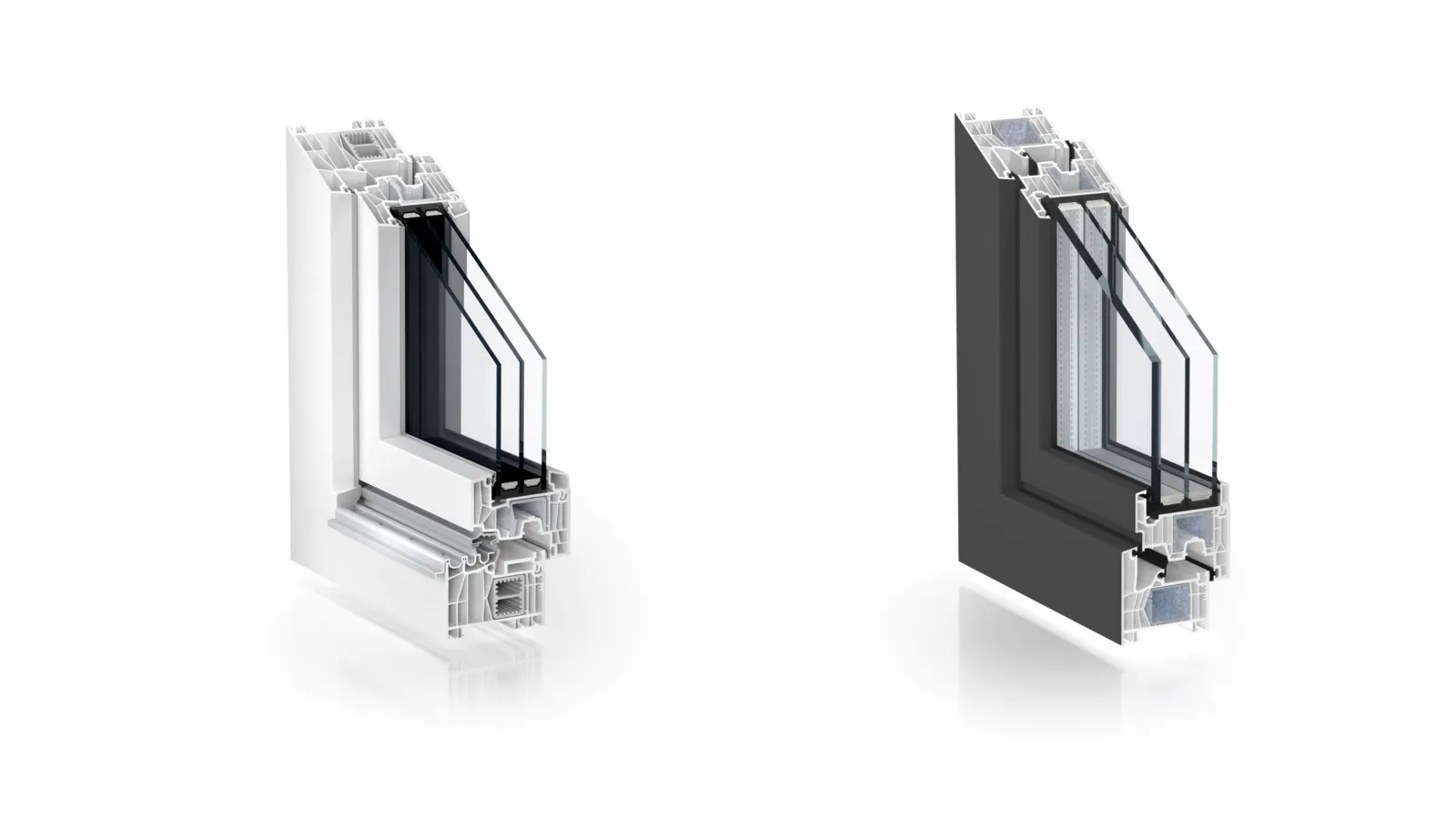Kömmerling: PremiStep 20 im System 88 (links) Mitteldichtung mit MultiCore-Verstärkung und das System 76 (rechts) erlaubt Festverglasungen bis 56 Millimeter.